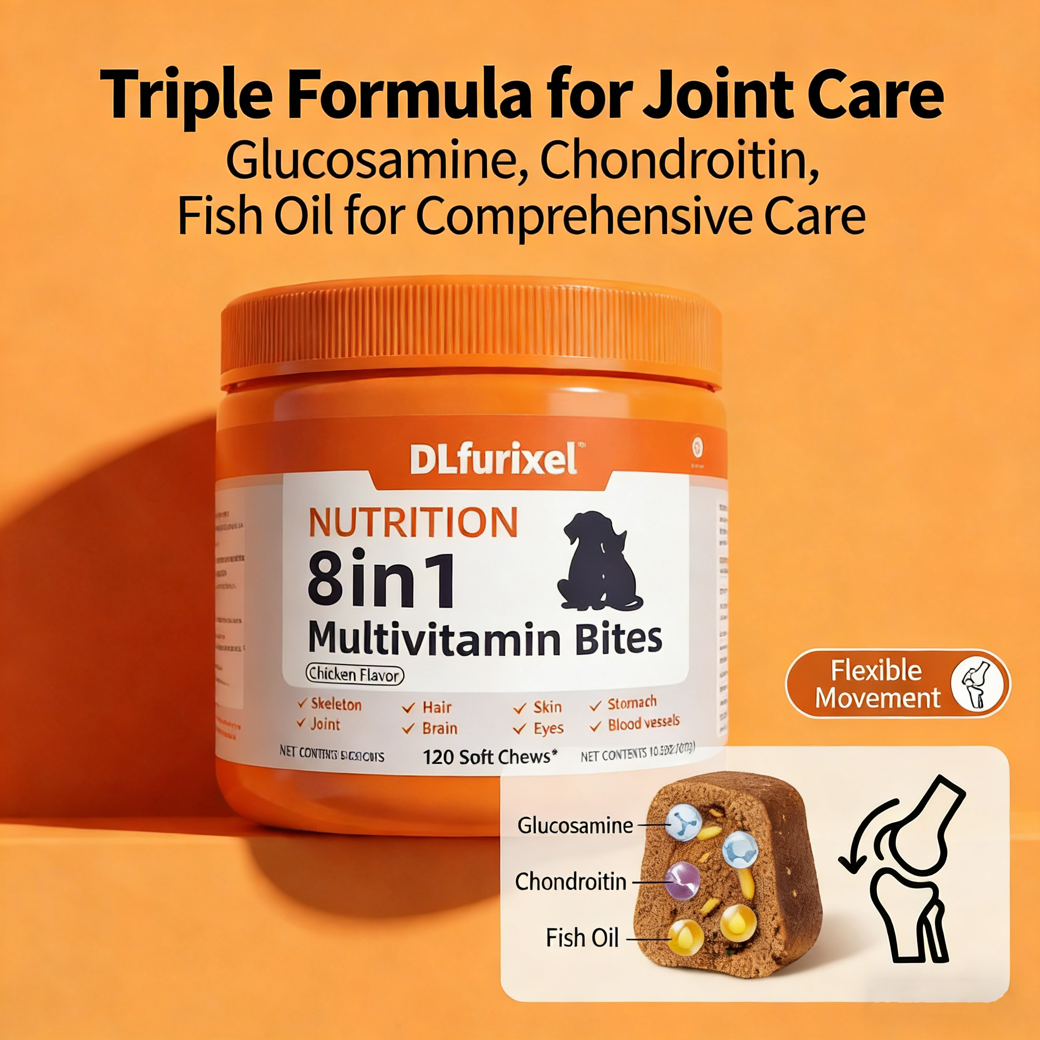 DLFURIXEL 8-in-1 Pet Soft Chews 300g - Joint, Gut & Skin Coat Support