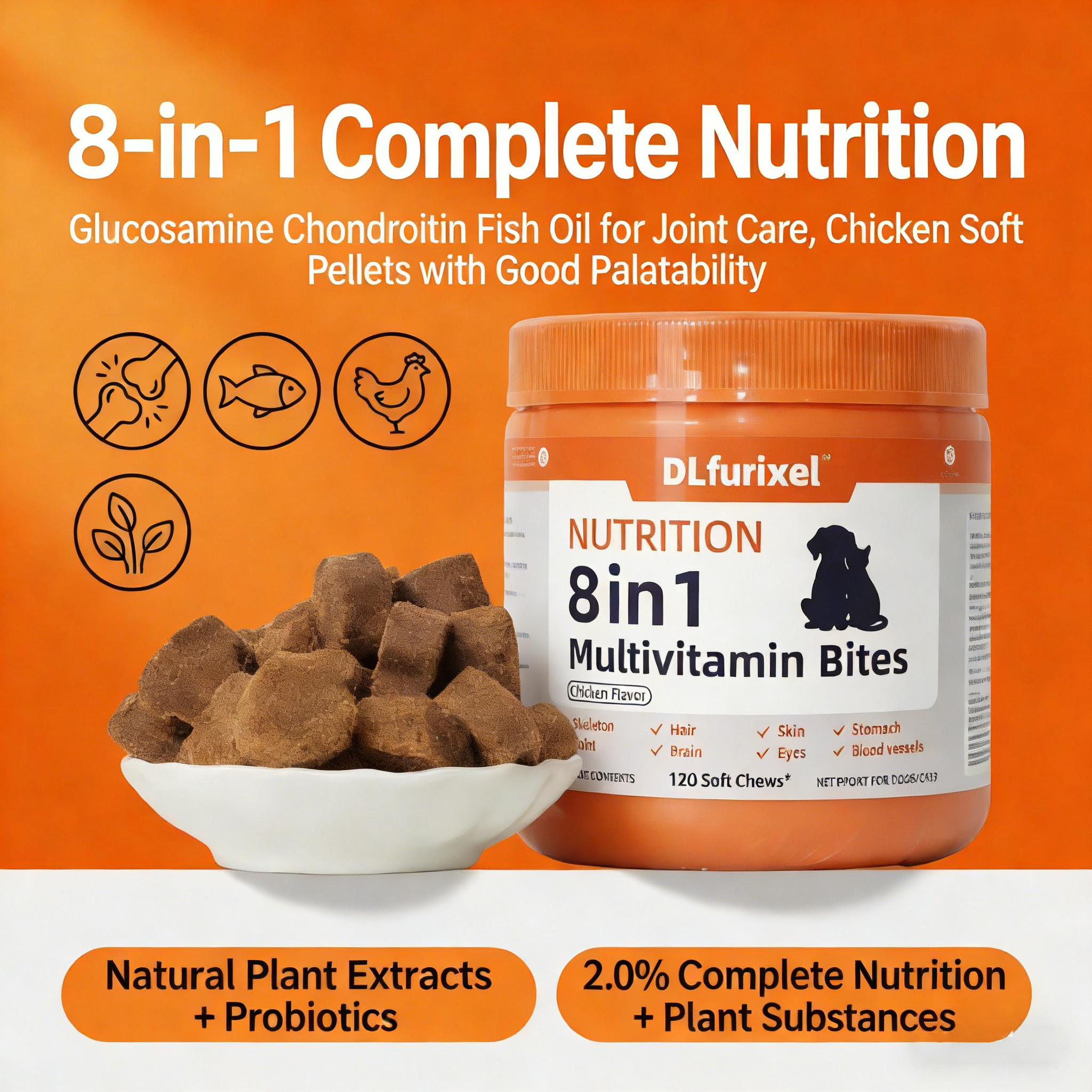 DLFURIXEL 8-in-1 Pet Soft Chews 300g - Joint, Gut & Skin Coat Support