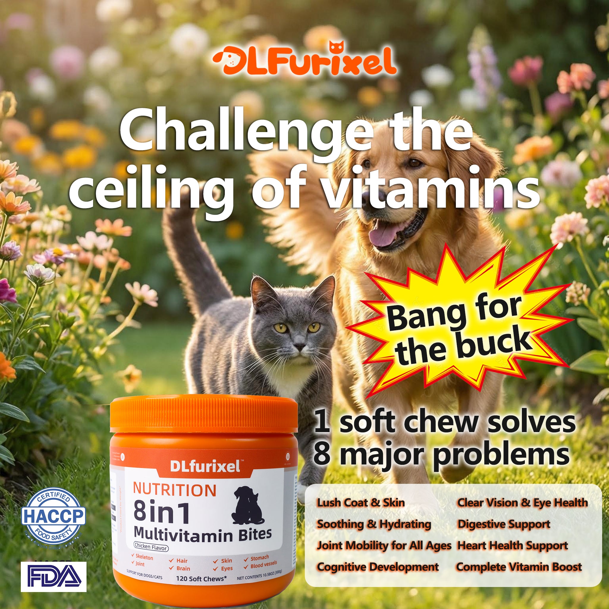 DLFURIXEL 8-in-1 Pet Soft Chews 300g - Joint, Gut & Skin Coat Support